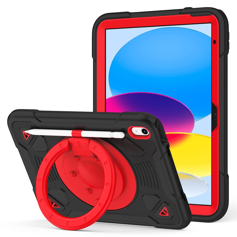 For iPad (2025) / iPad 10.9 (2022) Case with Hand Grip Kickstand Space Planet PC + Silicone Tablet Cover - Black + Red