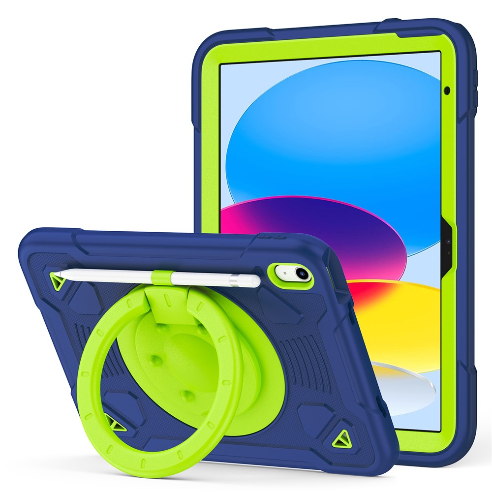 For iPad (2025) / iPad 10.9 (2022) Case with Hand Grip Kickstand Space Planet PC + Silicone Tablet Cover - Navy Blue + Green