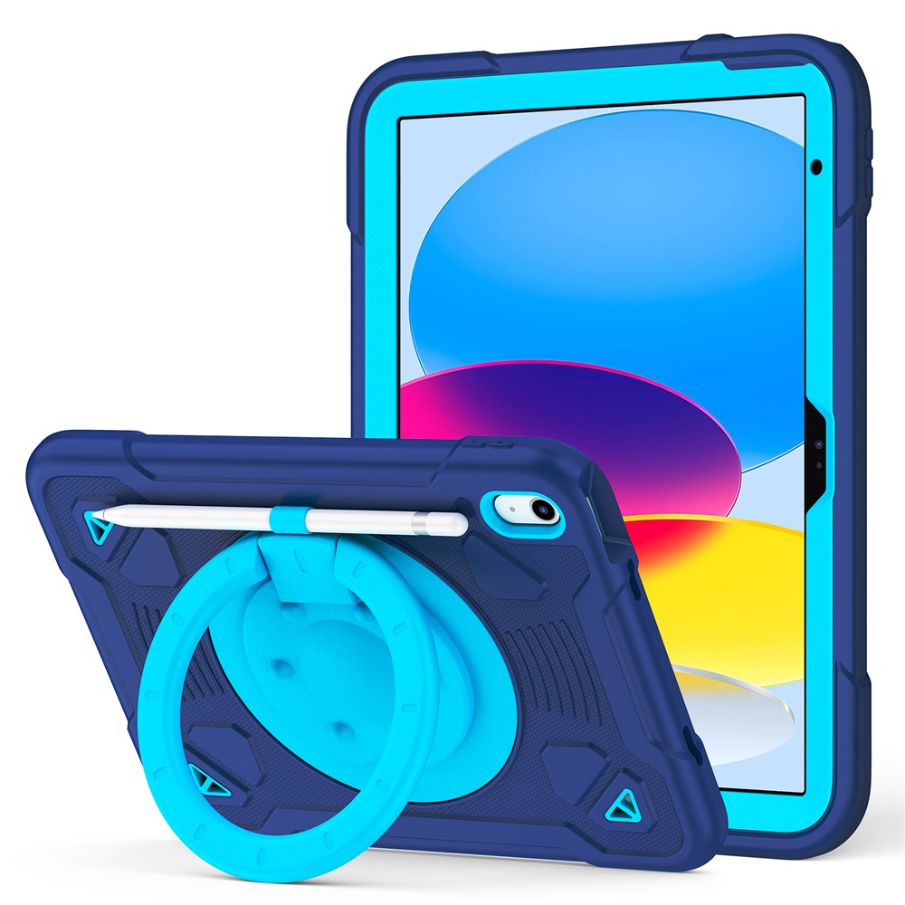 For iPad (2025) / iPad 10.9 (2022) Case with Hand Grip Kickstand Space Planet PC + Silicone Tablet Cover - Navy Blue + Blue