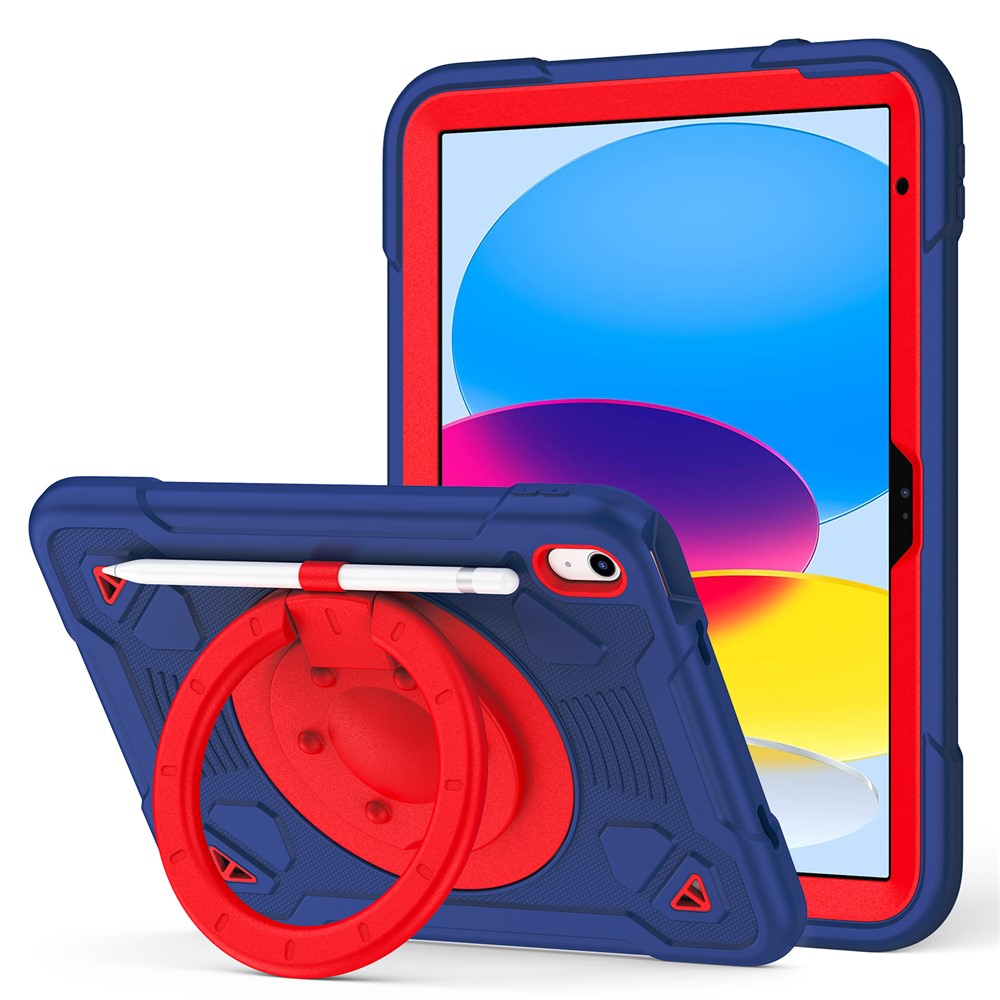 For iPad (2025) / iPad 10.9 (2022) Case with Hand Grip Kickstand Space Planet PC + Silicone Tablet Cover - Navy Blue + Red