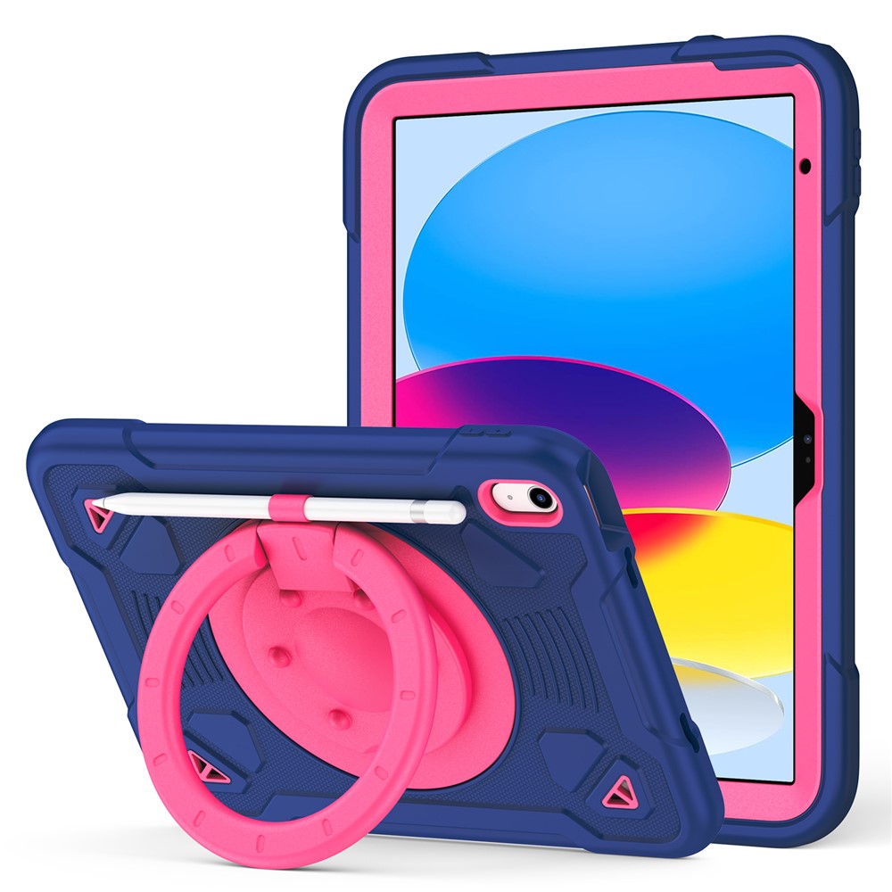 For iPad (2025) / iPad 10.9 (2022) Case with Hand Grip Kickstand Space Planet PC + Silicone Tablet Cover - Navy Blue + Rose