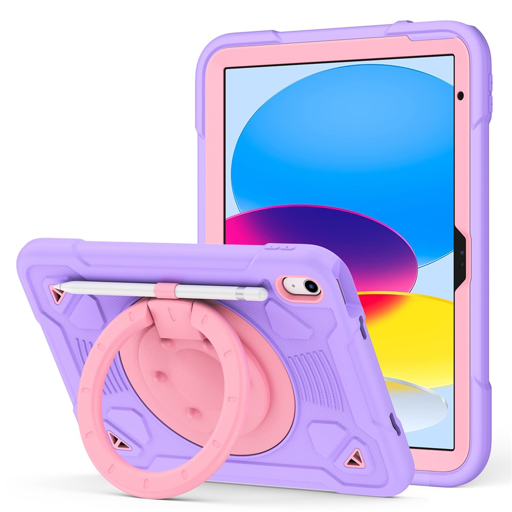 For iPad (2025) / iPad 10.9 (2022) Case with Hand Grip Kickstand Space Planet PC + Silicone Tablet Cover - Pink + Purple