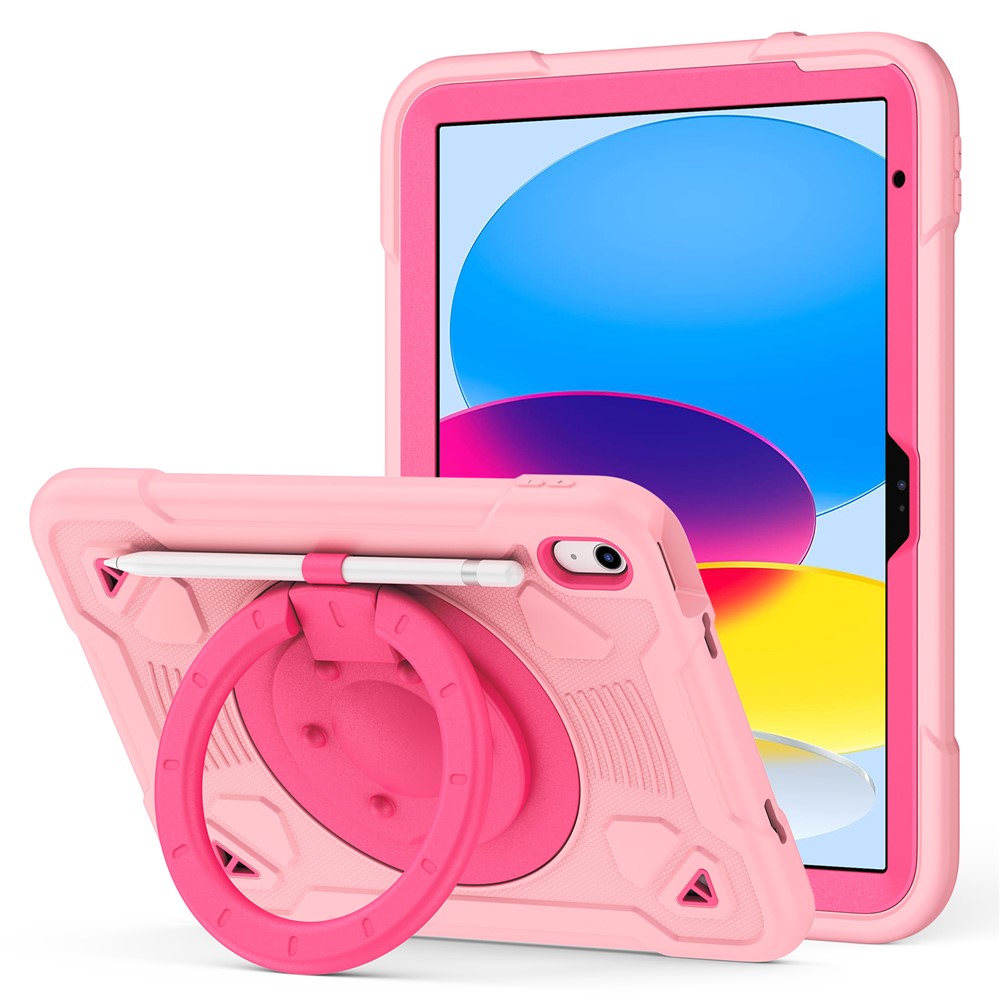For iPad (2025) / iPad 10.9 (2022) Case with Hand Grip Kickstand Space Planet PC + Silicone Tablet Cover - Pink + Rose