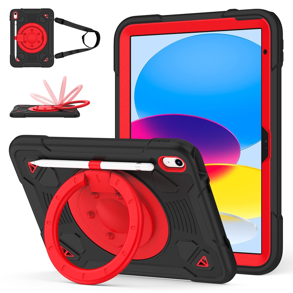 For iPad (2025) / iPad 10.9 (2022) Case Kickstand Space Planet PC + Silicone Tablet Cover with Shoulder Strap - Black + Red