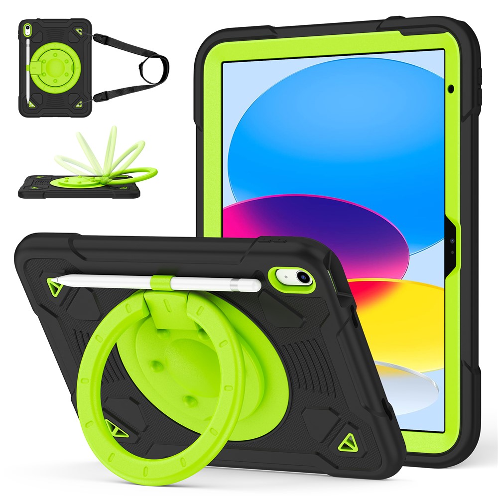 For iPad (2025) / iPad 10.9 (2022) Case Kickstand Space Planet PC + Silicone Tablet Cover with Shoulder Strap - Black + Green