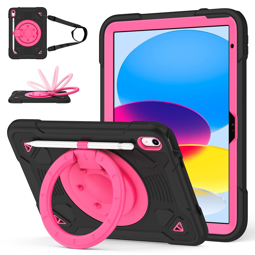 For iPad (2025) / iPad 10.9 (2022) Case Kickstand Space Planet PC + Silicone Tablet Cover with Shoulder Strap - Black + Rose