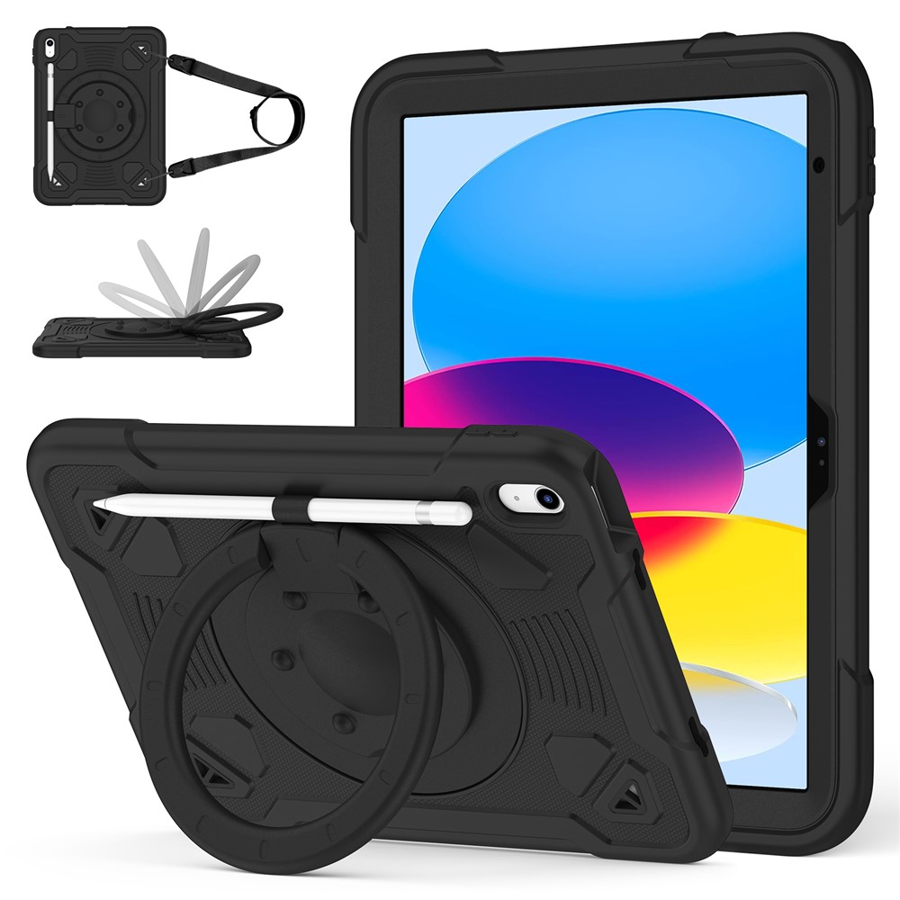For iPad (2025) / iPad 10.9 (2022) Case Kickstand Space Planet PC + Silicone Tablet Cover with Shoulder Strap - Black
