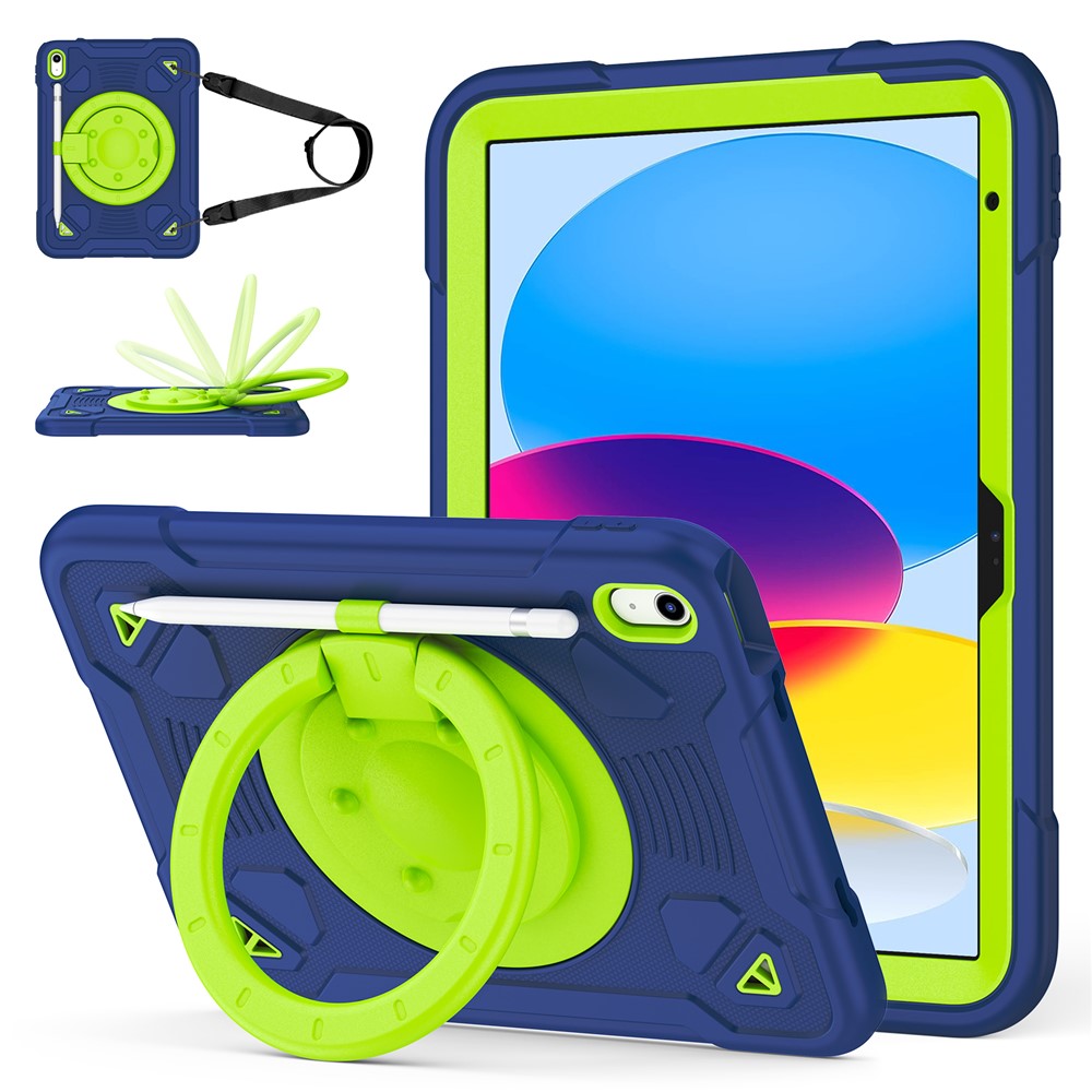 For iPad (2025) / iPad 10.9 (2022) Case Kickstand Space Planet PC + Silicone Tablet Cover with Shoulder Strap - Navy Blue + Green