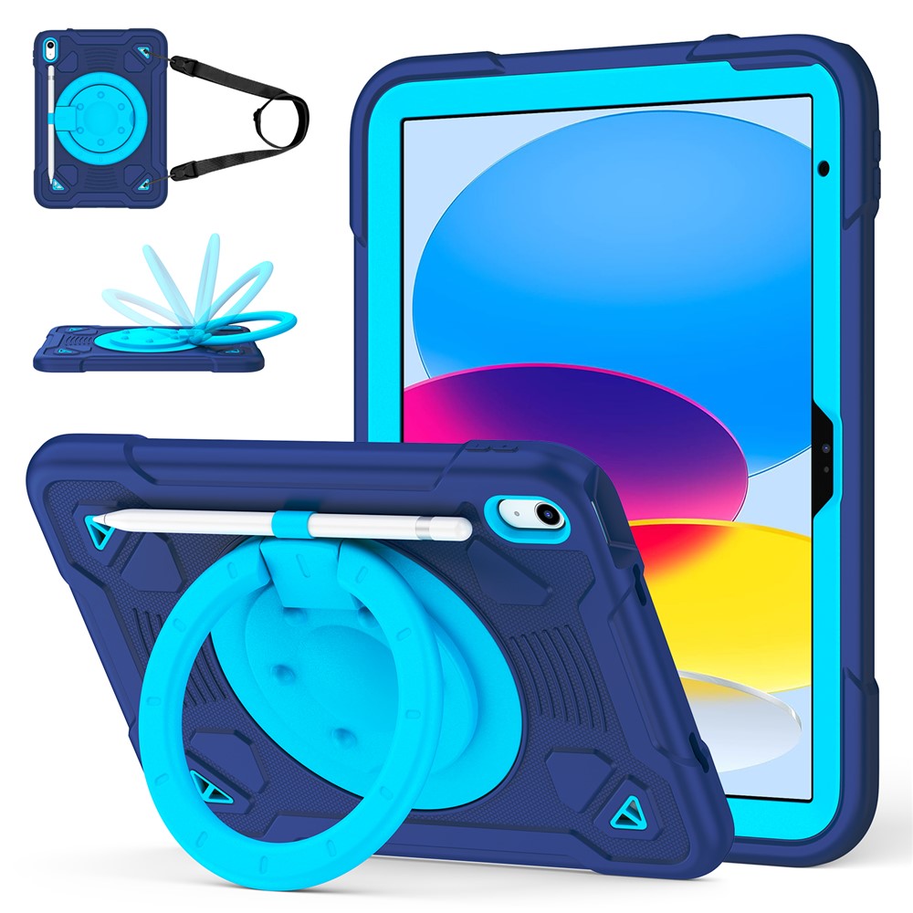 For iPad (2025) / iPad 10.9 (2022) Case Kickstand Space Planet PC + Silicone Tablet Cover with Shoulder Strap - Navy Blue + Blue