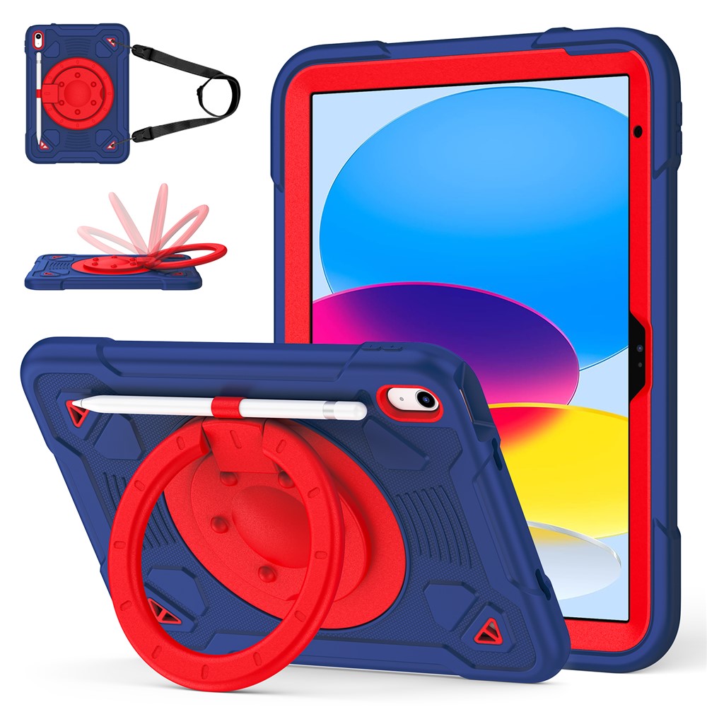 For iPad (2025) / iPad 10.9 (2022) Case Kickstand Space Planet PC + Silicone Tablet Cover with Shoulder Strap - Navy Blue + Red