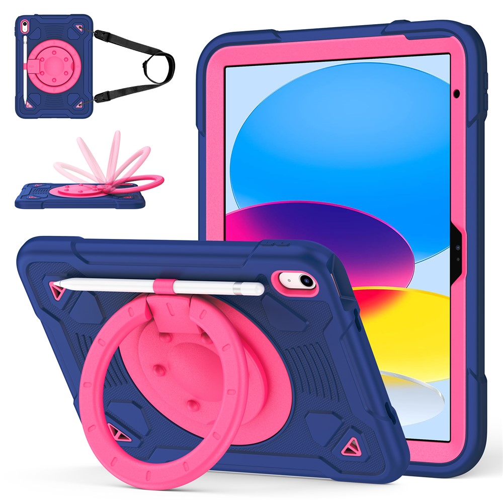 For iPad (2025) / iPad 10.9 (2022) Case Kickstand Space Planet PC + Silicone Tablet Cover with Shoulder Strap - Navy Blue + Rose
