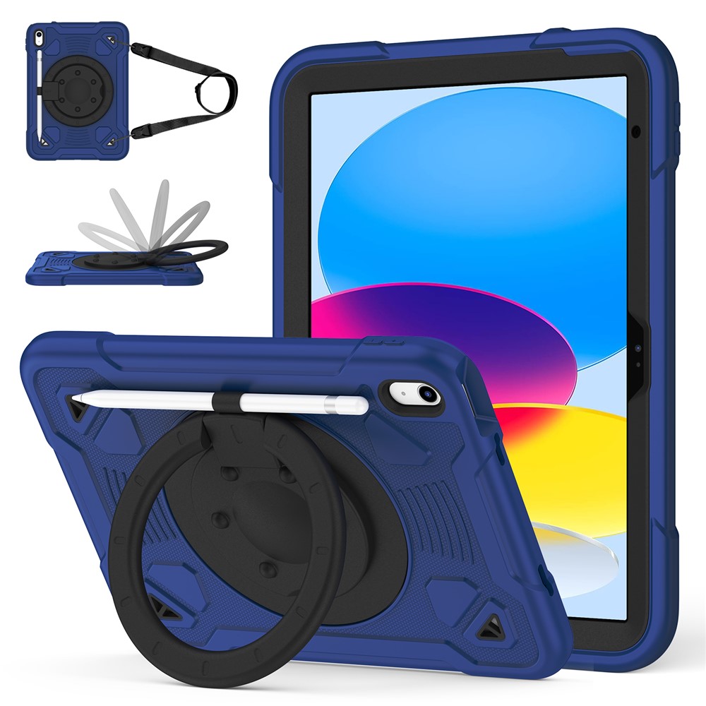 For iPad (2025) / iPad 10.9 (2022) Case Kickstand Space Planet PC + Silicone Tablet Cover with Shoulder Strap - Navy Blue + Black