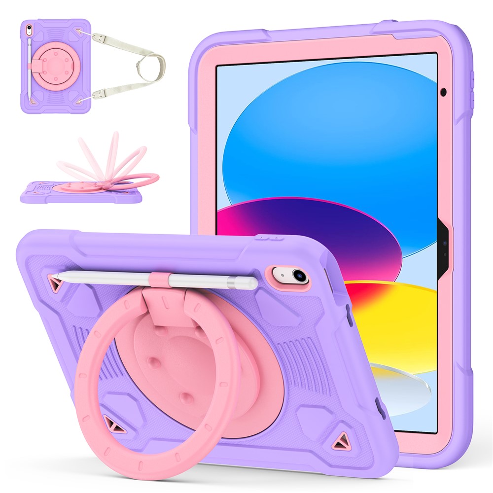For iPad (2025) / iPad 10.9 (2022) Case Kickstand Space Planet PC + Silicone Tablet Cover with Shoulder Strap - Pink + Purple