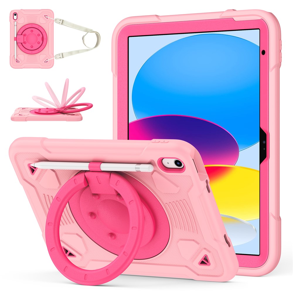 For iPad (2025) / iPad 10.9 (2022) Case Kickstand Space Planet PC + Silicone Tablet Cover with Shoulder Strap - Pink + Rose