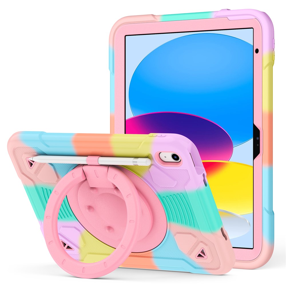For iPad (2025) / iPad 10.9 (2022) Case with Hand Grip Kickstand Colorful Space Planet PC + Silicone Tablet Cover - Colorful Pink