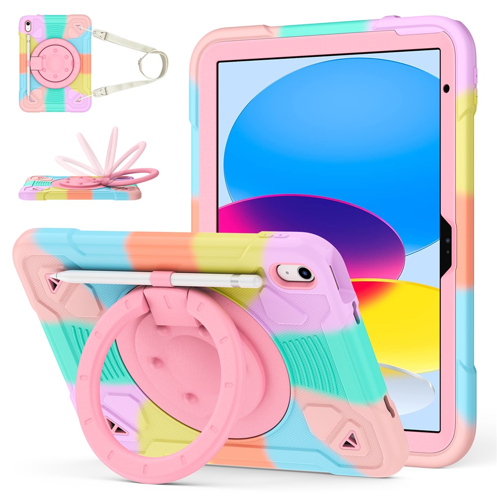 For iPad (2025) / iPad 10.9 (2022) Case Kickstand Colorful Space Planet PC + Silicone Tablet Cover with Shoulder Strap - Colorful Pink