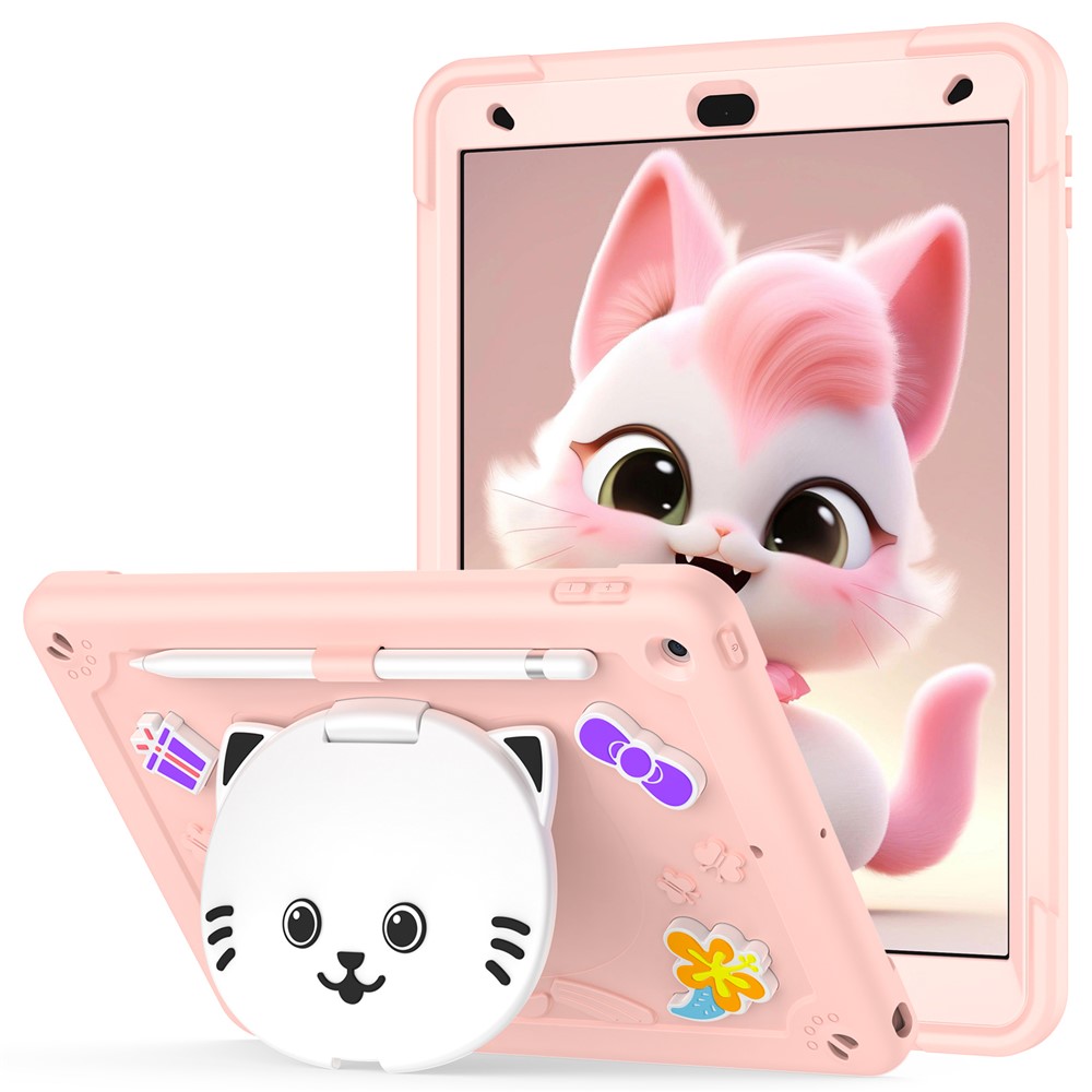 For iPad 10.2 (2021) / (2020) / (2019) Case with Cat Kickstand PC + Silicone Tablet Cover - Rose Pink