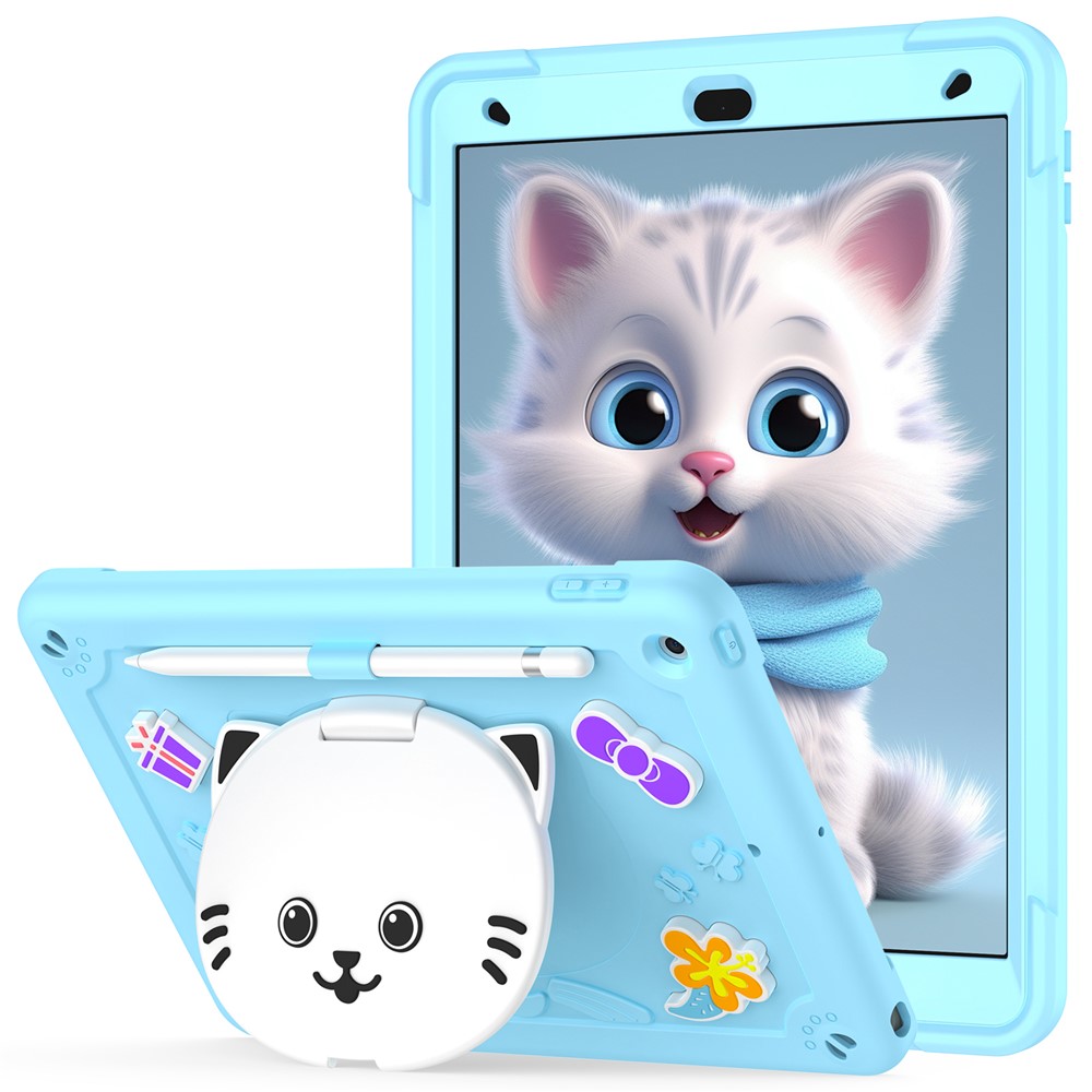 For iPad 10.2 (2021) / (2020) / (2019) Case with Cat Kickstand PC + Silicone Tablet Cover - Sky Blue