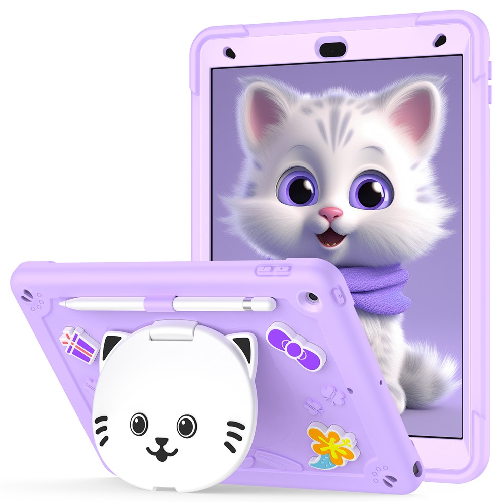 For iPad 10.2 (2021) / (2020) / (2019) Case with Cat Kickstand PC + Silicone Tablet Cover - Light Purple