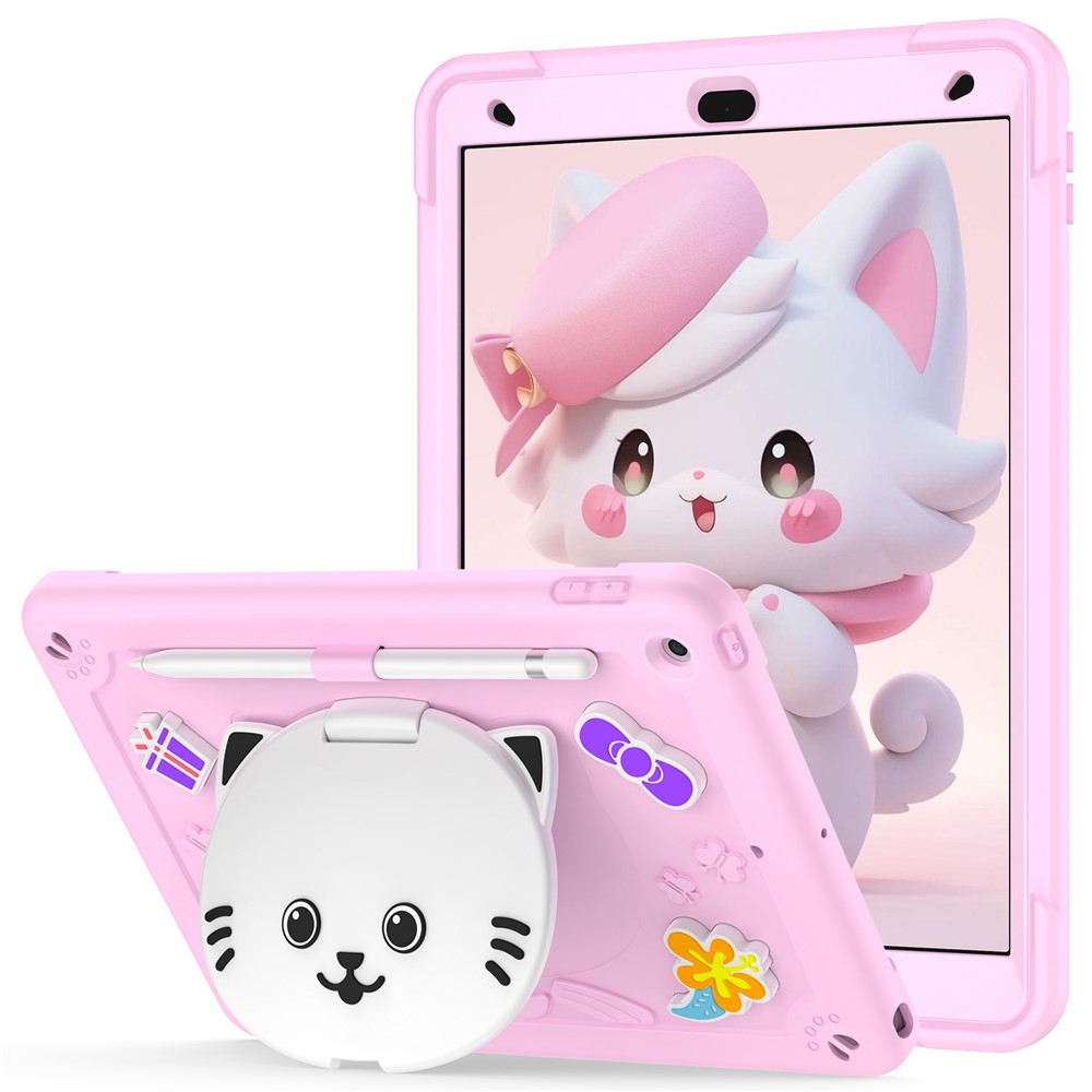 For iPad 10.2 (2021) / (2020) / (2019) Case with Cat Kickstand PC + Silicone Tablet Cover - Pink