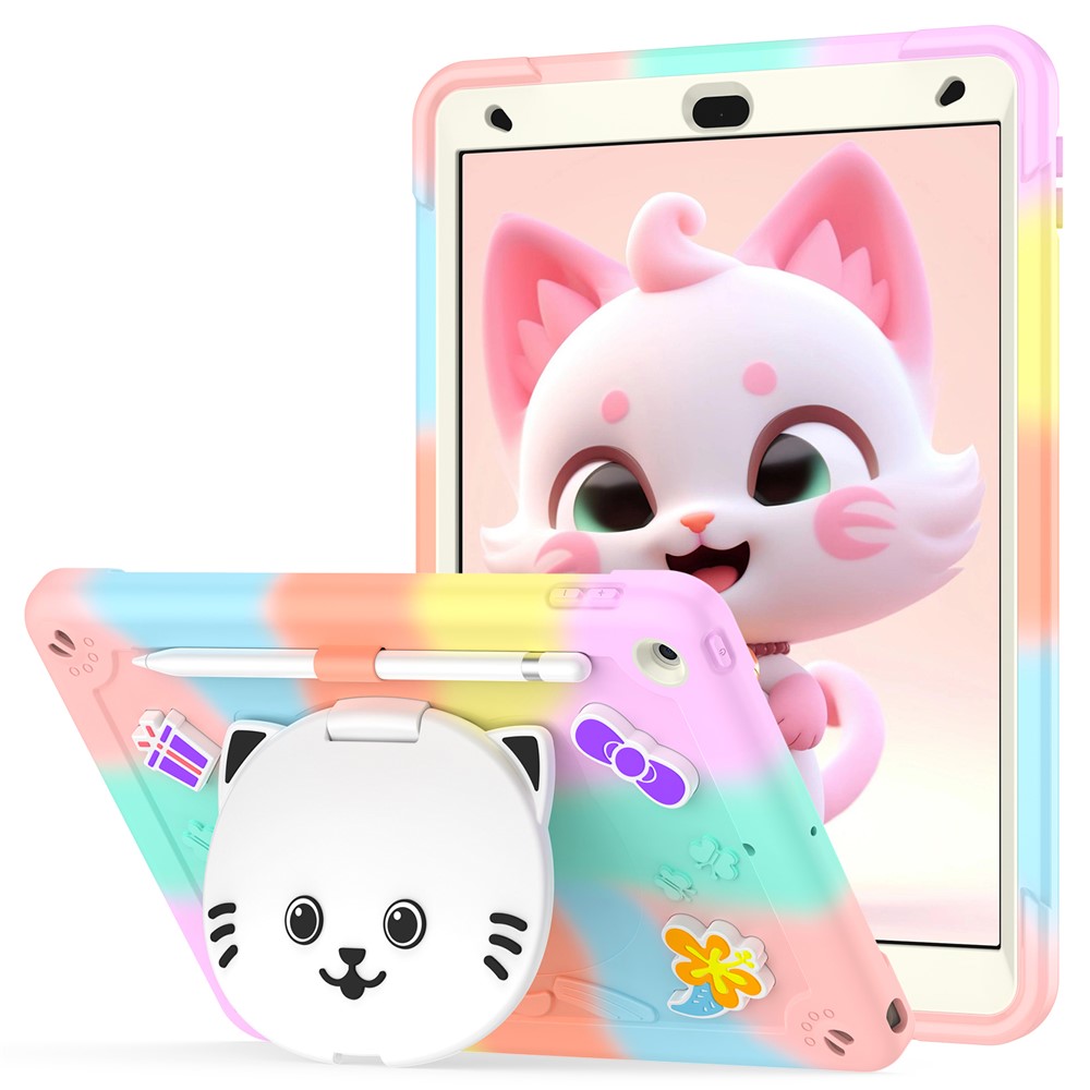 For iPad 10.2 (2021) / (2020) / (2019) Case with Cat Kickstand PC + Silicone Colorful Tablet Cover - Colorful Rose Gold