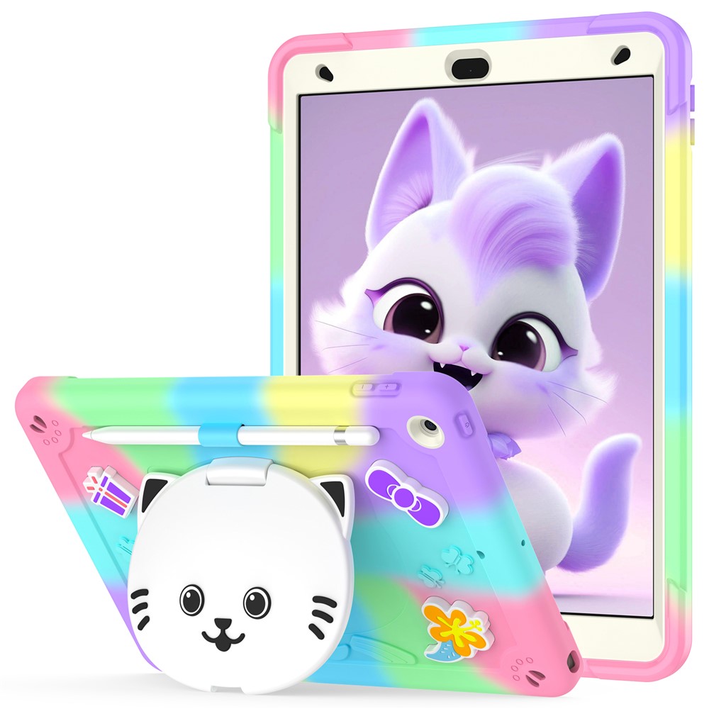 For iPad 10.2 (2021) / (2020) / (2019) Case with Cat Kickstand PC + Silicone Colorful Tablet Cover - Colorful Purple