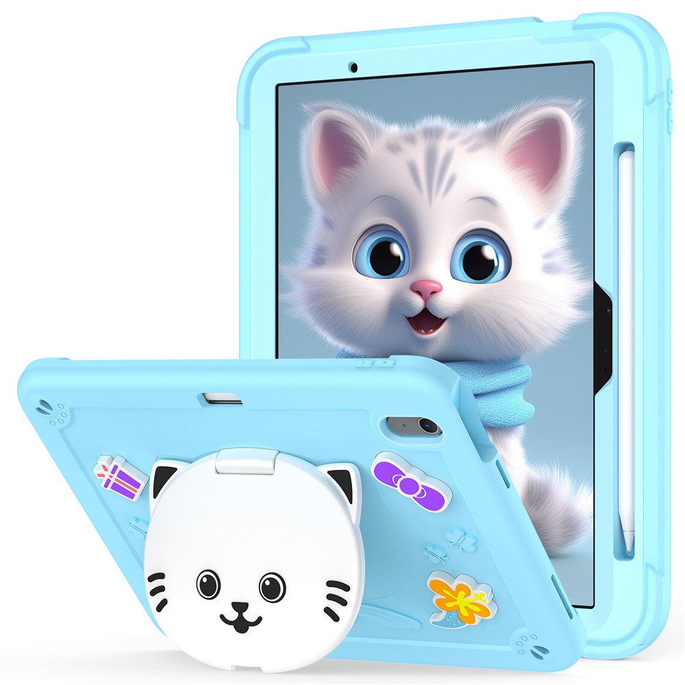 For iPad Air 11 (2025) / (2024) Case with Cat Kickstand PC + Silicone Tablet Cover - Sky Blue