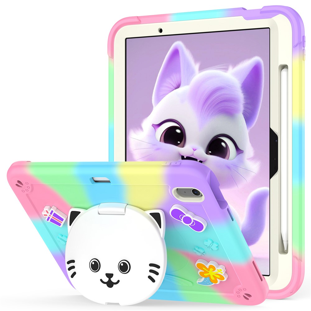 For iPad Air 11 (2025) / (2024) Case with Cat Kickstand PC + Silicone Colorful Tablet Cover - Colorful Purple
