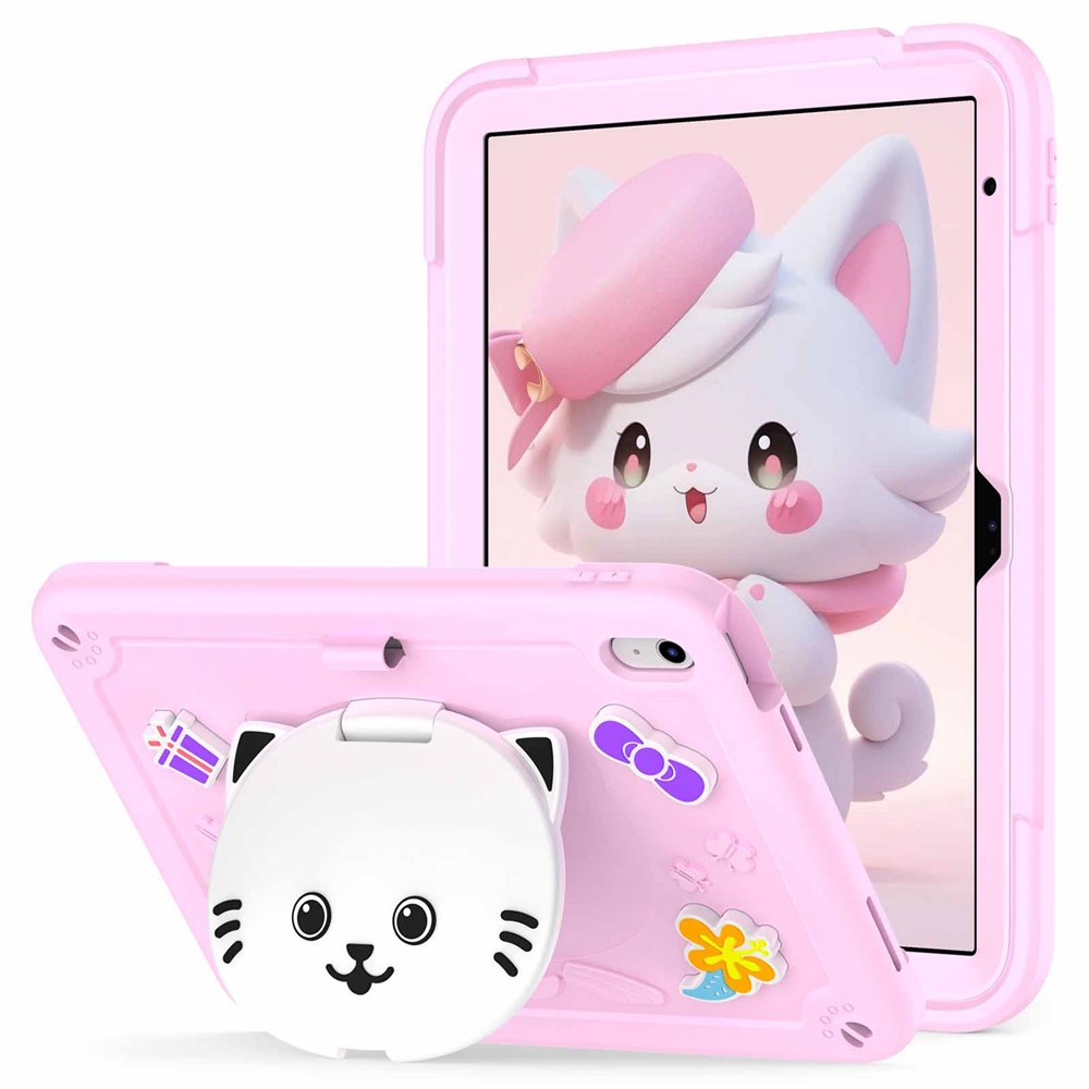 For iPad (2025) / iPad 10.9 (2022) Case with Cat Kickstand PC + Silicone Tablet Cover - Pink
