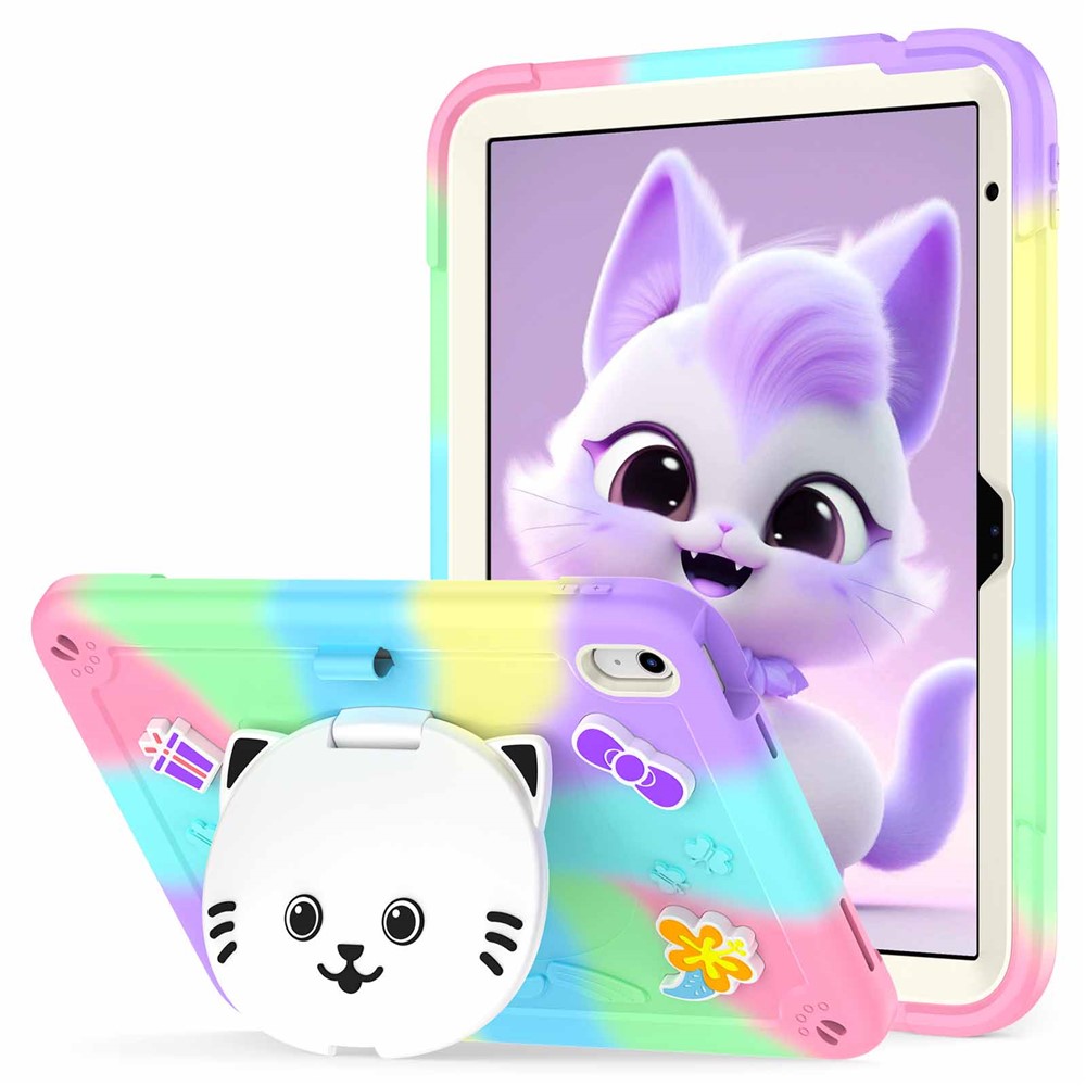 For iPad (2025) / iPad 10.9 (2022) Case with Cat Kickstand PC + Silicone Colorful Tablet Cover - Colorful Purple