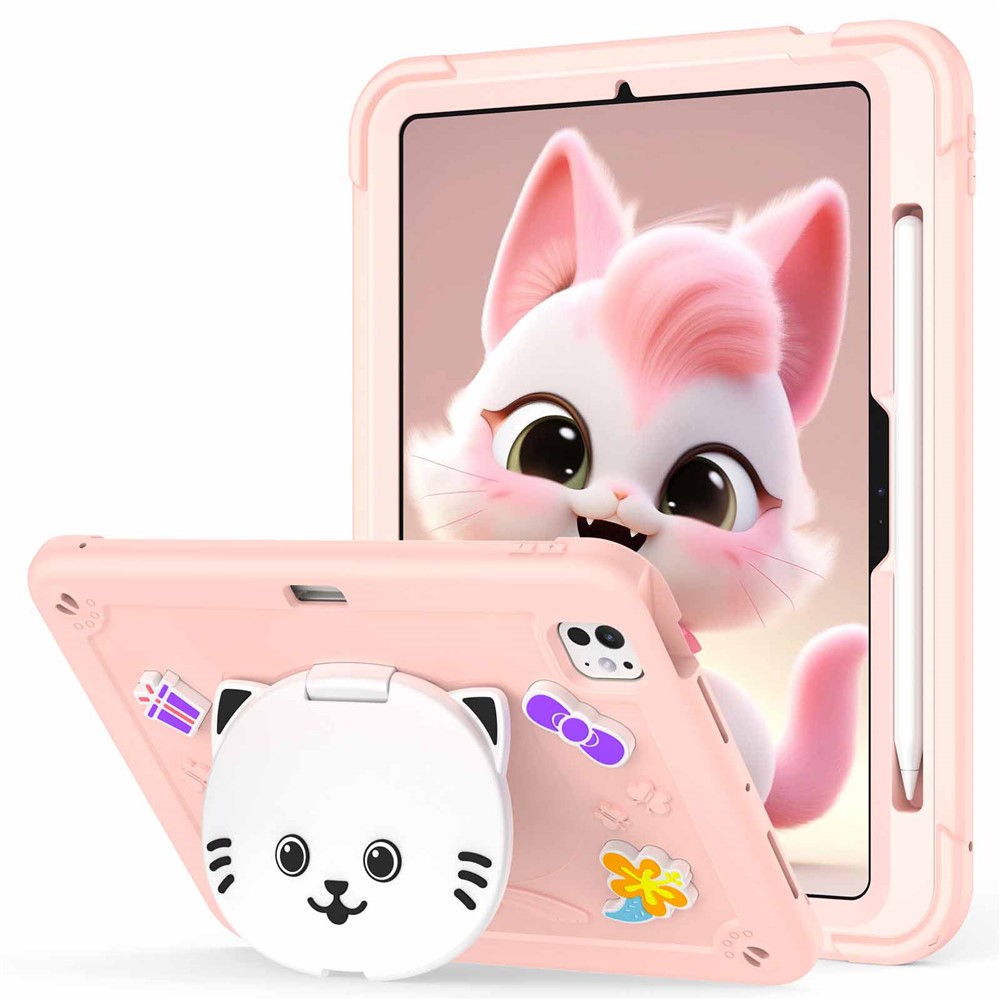For iPad Pro 11 (2025) / 11 (2024) Case with Cat Kickstand PC + Silicone Tablet Cover - Rose Pink