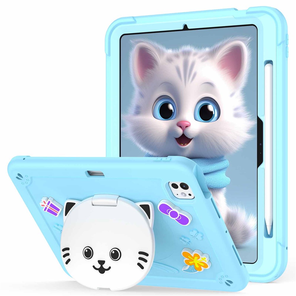 For iPad Pro 11 (2025) / 11 (2024) Case with Cat Kickstand PC + Silicone Tablet Cover - Sky Blue