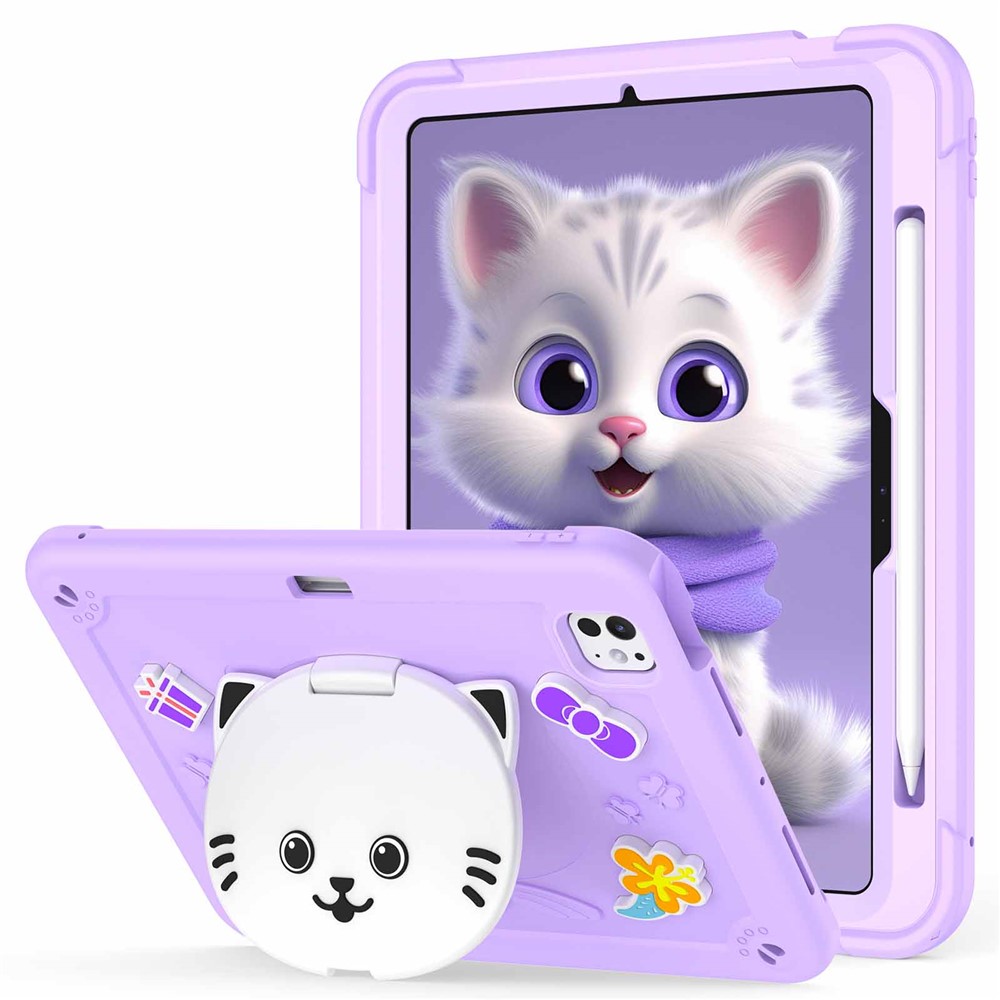 For iPad Pro 11 (2025) / 11 (2024) Case with Cat Kickstand PC + Silicone Tablet Cover - Light Purple