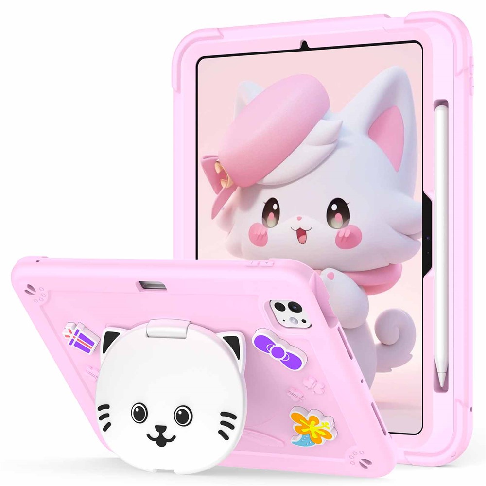For iPad Pro 11 (2025) / 11 (2024) Case with Cat Kickstand PC + Silicone Tablet Cover - Pink