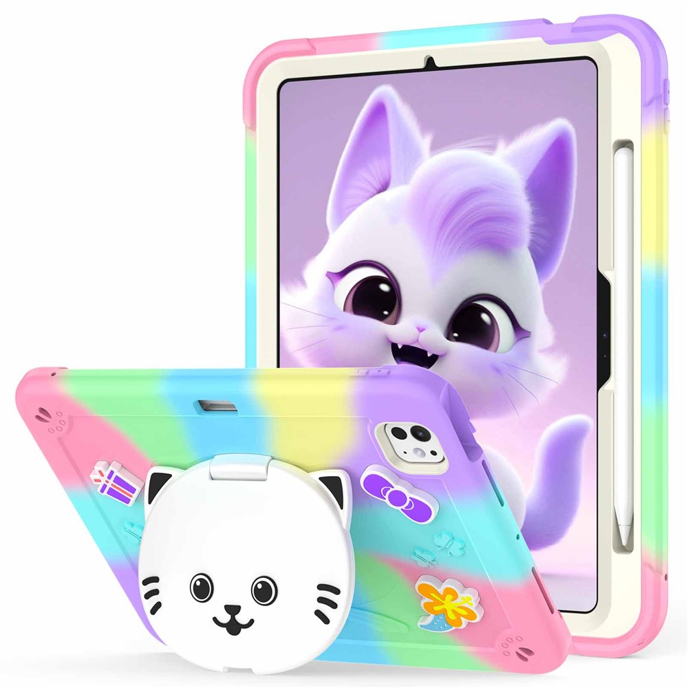 For iPad Pro 11 (2025) / 11 (2024) Case with Cat Kickstand PC + Silicone Colorful Tablet Cover - Colorful Purple