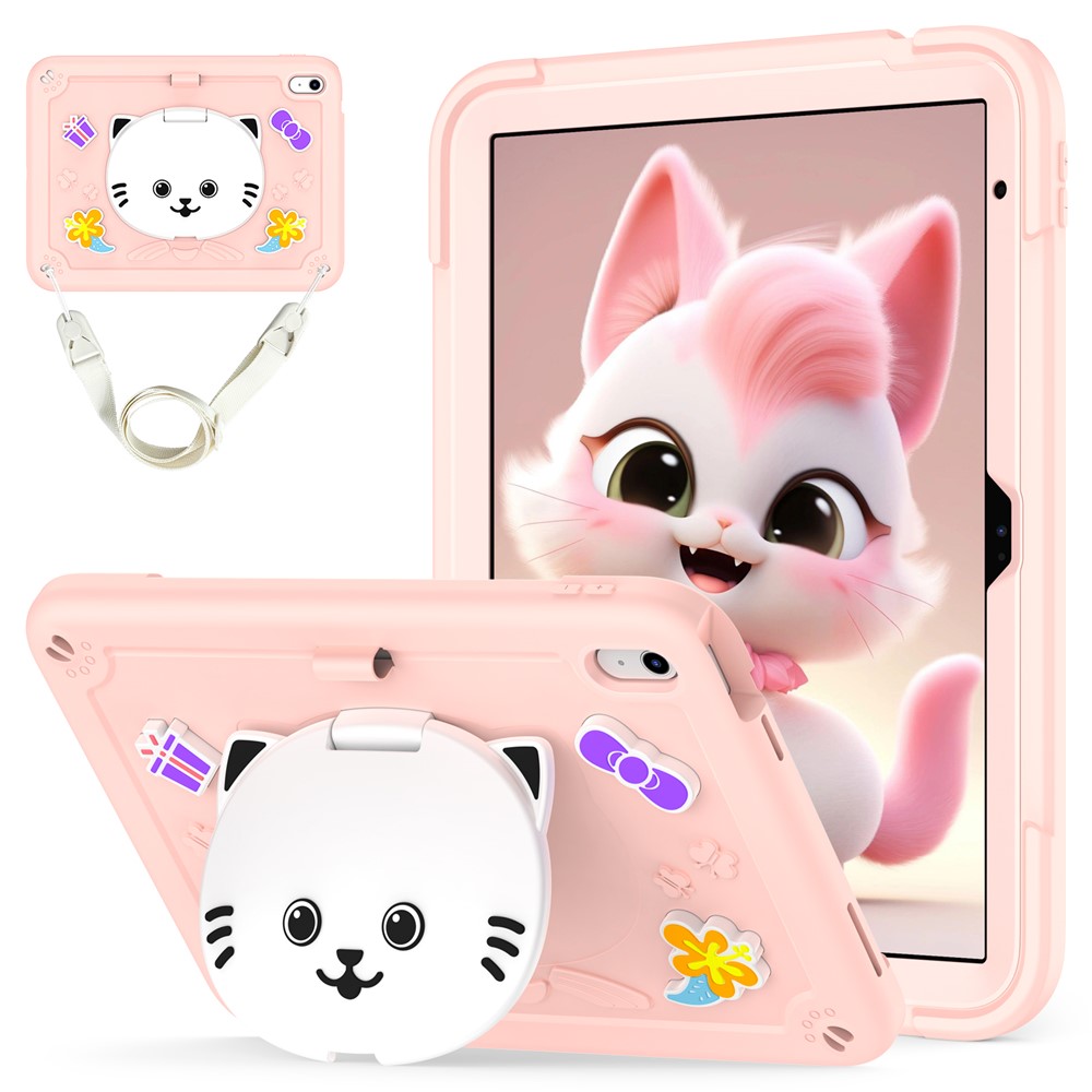 For iPad (2025) / iPad 10.9 (2022) Case PC + Silicone Tablet Cover with Cat Kickstand / Shoulder Strap - Rose Pink