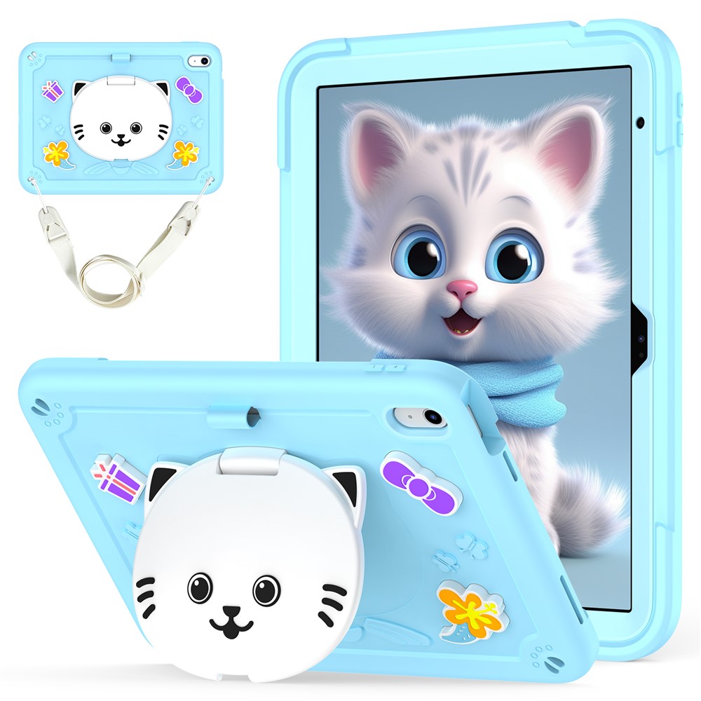 For iPad (2025) / iPad 10.9 (2022) Case PC + Silicone Tablet Cover with Cat Kickstand / Shoulder Strap - Sky Blue