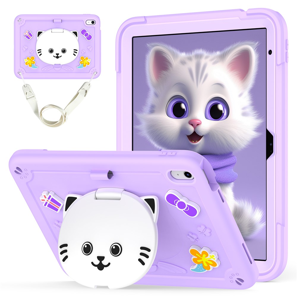 For iPad (2025) / iPad 10.9 (2022) Case PC + Silicone Tablet Cover with Cat Kickstand / Shoulder Strap - Light Purple