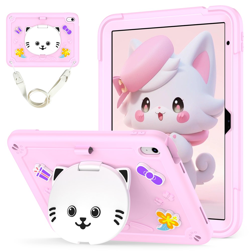 For iPad (2025) / iPad 10.9 (2022) Case PC + Silicone Tablet Cover with Cat Kickstand / Shoulder Strap - Pink