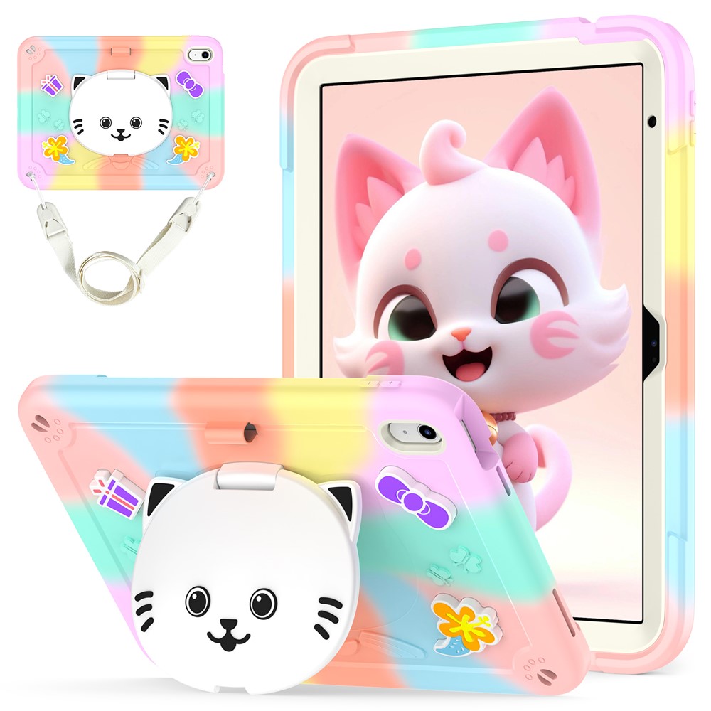 For iPad (2025) / iPad 10.9 (2022) Case PC + Silicone Colorful Tablet Cover with Cat Kickstand / Shoulder Strap - Colorful Rose Gold