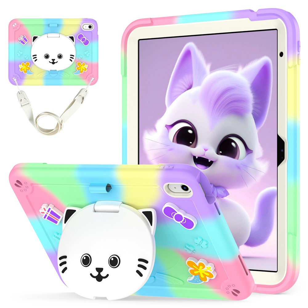 For iPad (2025) / iPad 10.9 (2022) Case PC + Silicone Colorful Tablet Cover with Cat Kickstand / Shoulder Strap - Colorful Purple