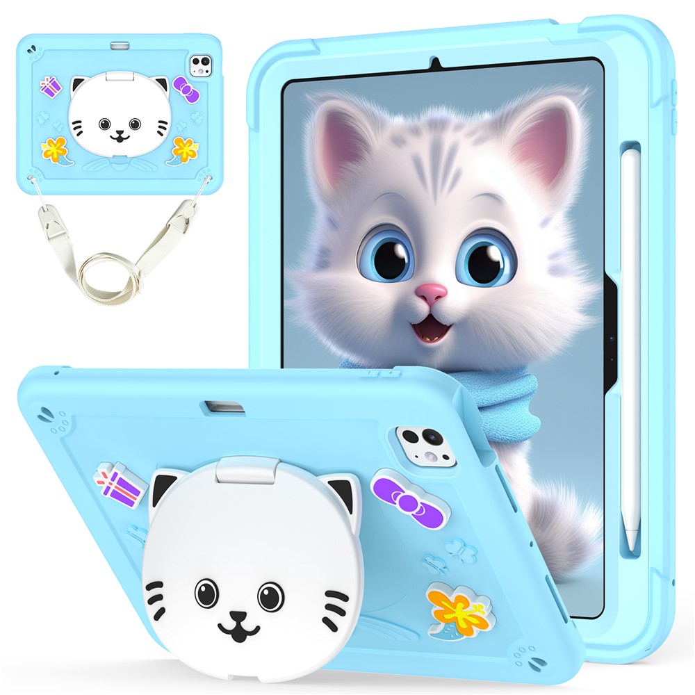 For iPad Pro 11 (2025) / 11 (2024) Case PC + Silicone Tablet Cover with Cat Kickstand / Shoulder Strap - Sky Blue