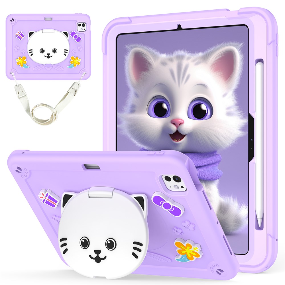 For iPad Pro 11 (2025) / 11 (2024) Case PC + Silicone Tablet Cover with Cat Kickstand / Shoulder Strap - Light Purple