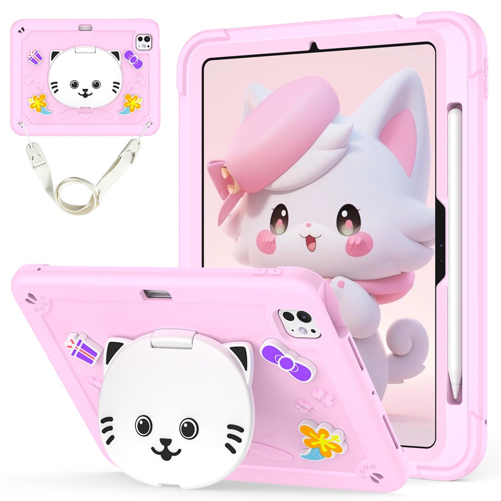 For iPad Pro 11 (2025) / 11 (2024) Case PC + Silicone Tablet Cover with Cat Kickstand / Shoulder Strap - Pink
