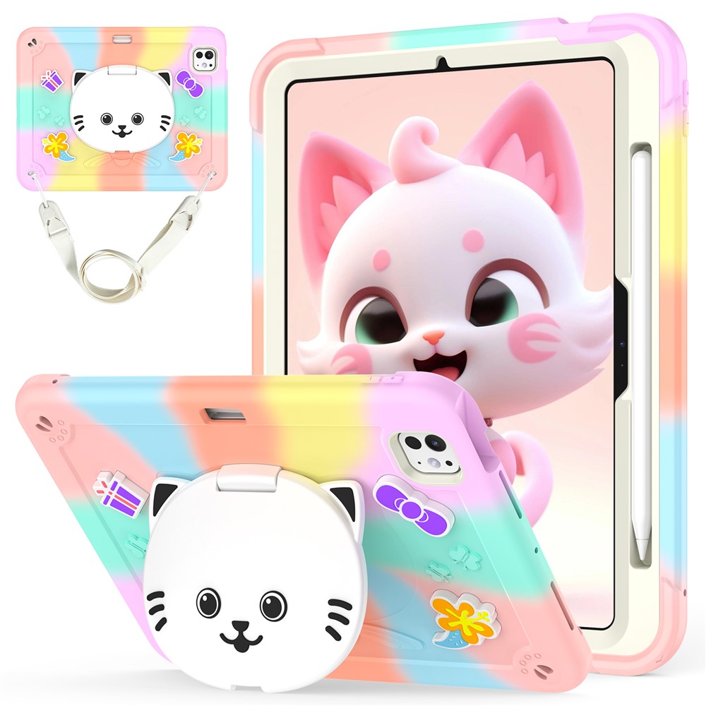 For iPad Pro 11 (2025) / 11 (2024) Case PC + Silicone Colorful Tablet Cover with Cat Kickstand / Shoulder Strap - Colorful Rose Gold