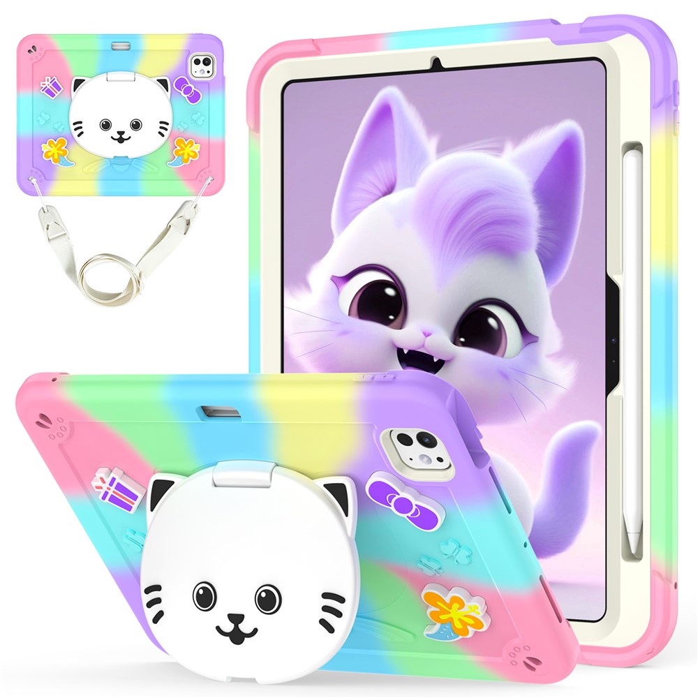 For iPad Pro 11 (2025) / 11 (2024) Case PC + Silicone Colorful Tablet Cover with Cat Kickstand / Shoulder Strap - Colorful Purple