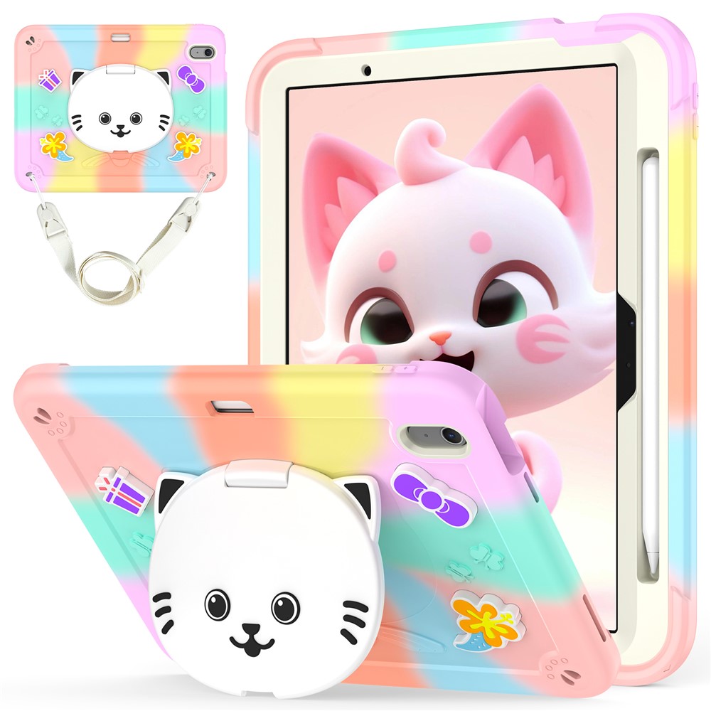 For iPad Air 11 (2025) / (2024) Case PC + Silicone Colorful Tablet Cover with Cat Kickstand / Shoulder Strap - Colorful Rose Gold