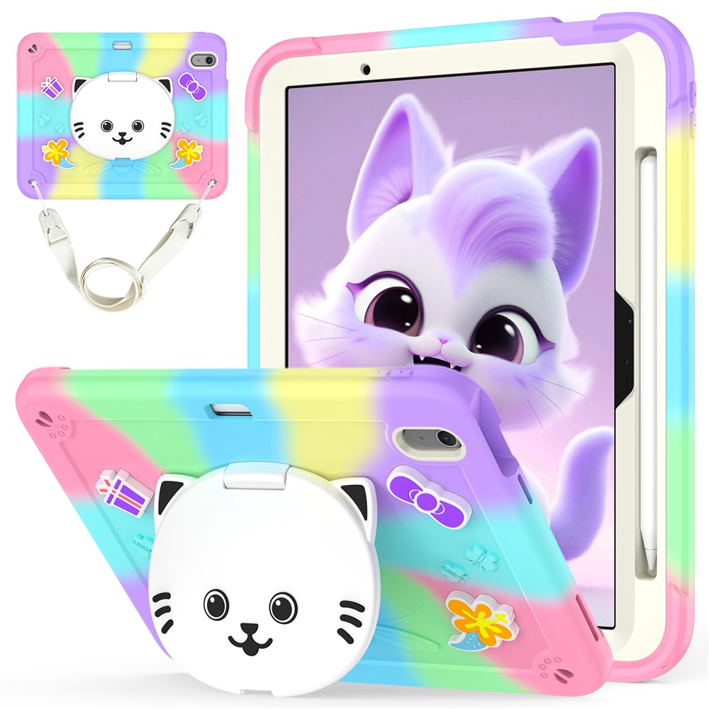 For iPad Air 11 (2025) / (2024) Case PC + Silicone Colorful Tablet Cover with Cat Kickstand / Shoulder Strap - Colorful Purple