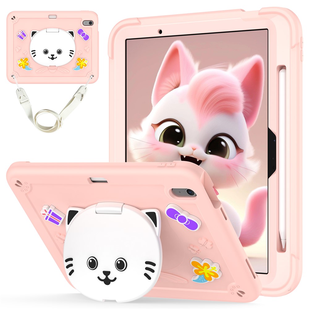 For iPad Air 11 (2025) / (2024) Case PC + Silicone Tablet Cover with Cat Kickstand / Shoulder Strap - Rose Pink