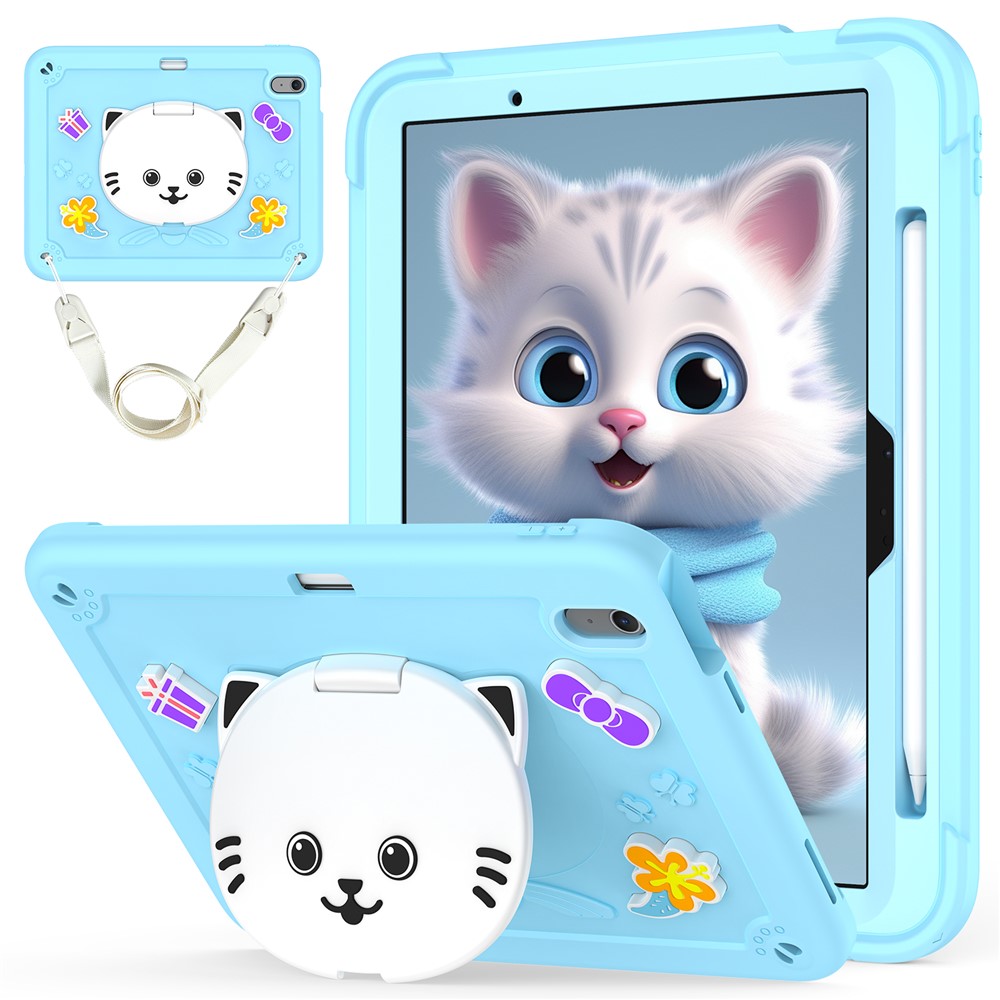 For iPad Air 11 (2025) / (2024) Case PC + Silicone Tablet Cover with Cat Kickstand / Shoulder Strap - Sky Blue